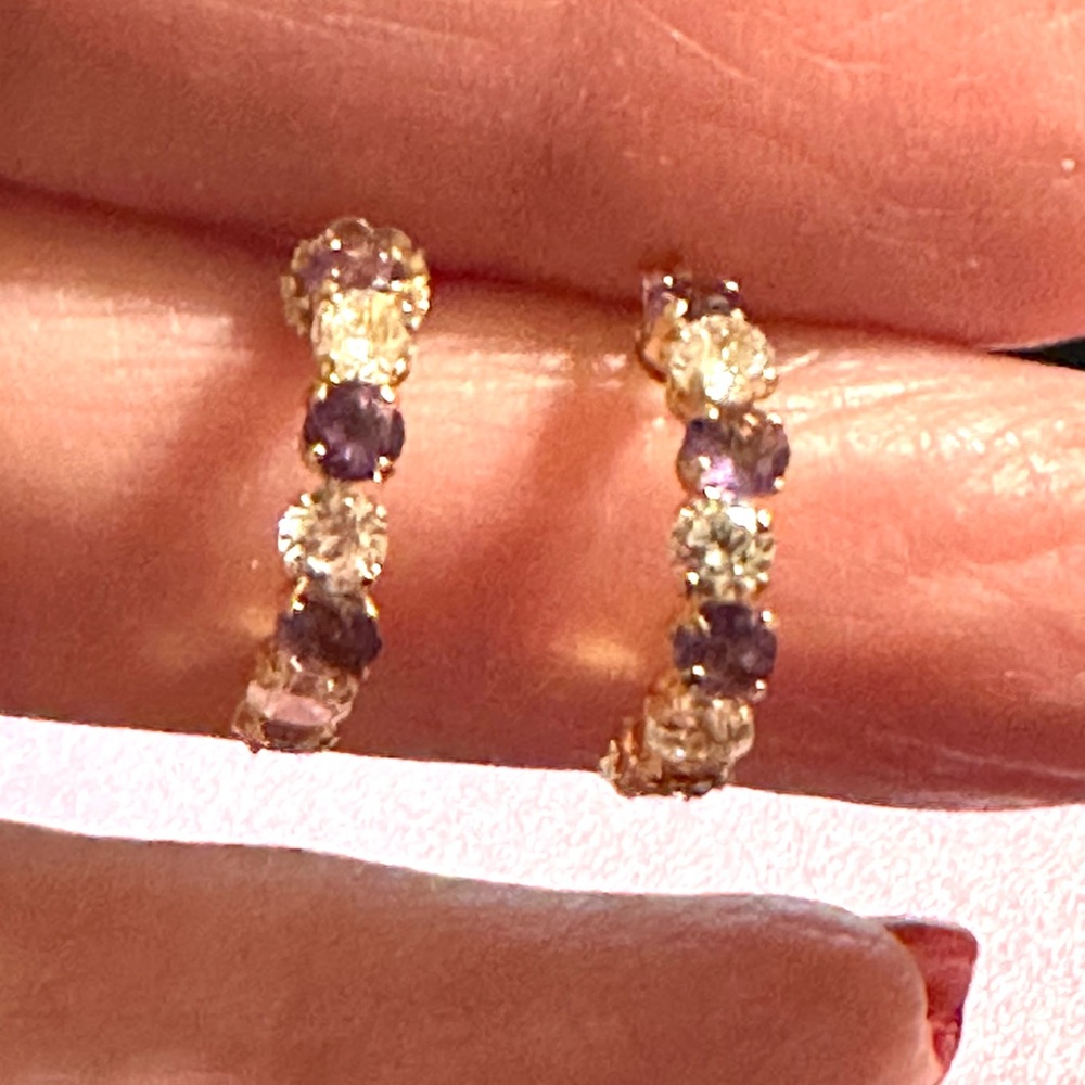 14k‎ Gold Amethyst & CZ Half Hoop Earrings